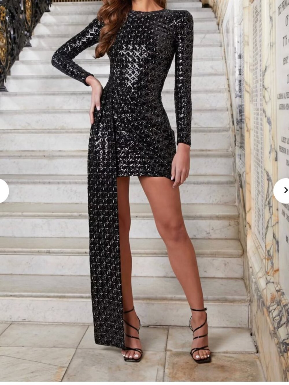 ✨ Nadine Merabi Cara Dress & Matching Headband – Black – Size XS